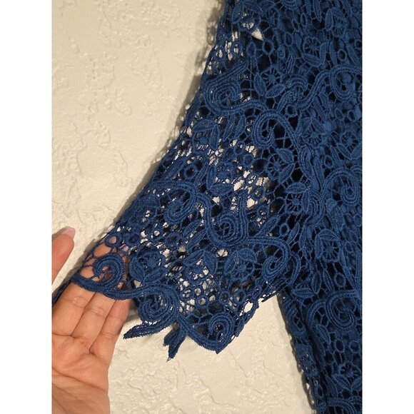 Philosophy Blue Lace Lined Crew Neck Short Sleeve Blouse Top sz L - Picture 2 of 6